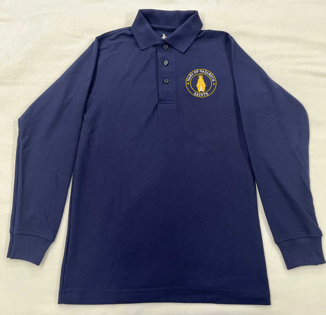 MNCS007 - Mary of Nazareth Long Sleeve Unisex Pique Knit Polo - Navy - Youth Sizes