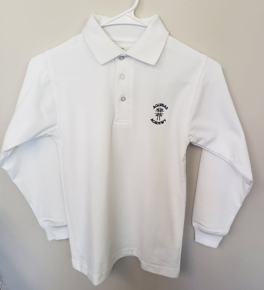 AA016 Aquinas Academy - Long Sleeve Unisex Pique Knit Polo - White - Adult Sizes