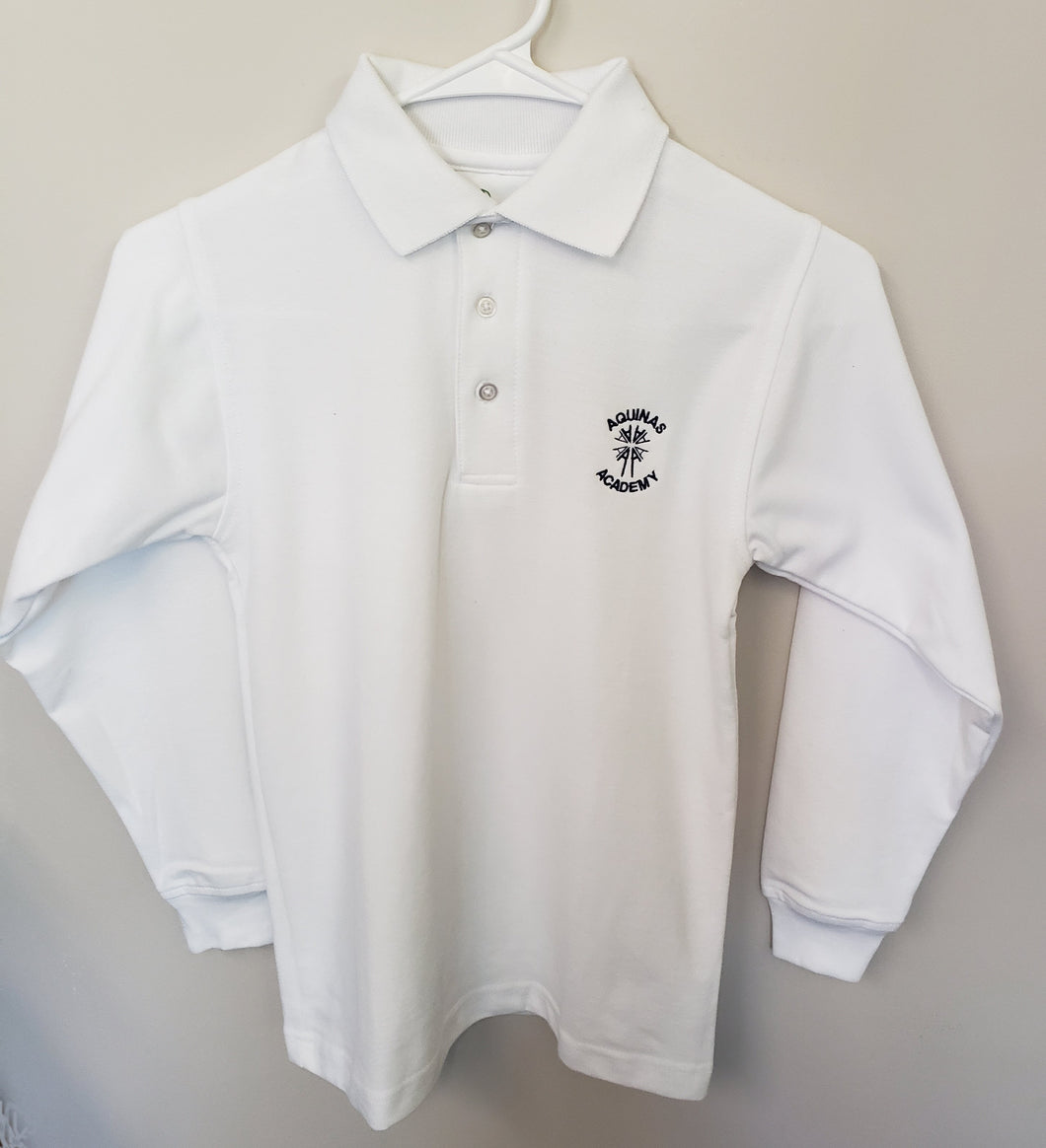 AA015 Aquinas Academy - Long Sleeve Unisex Pique Knit Polo - White - Youth Sizes