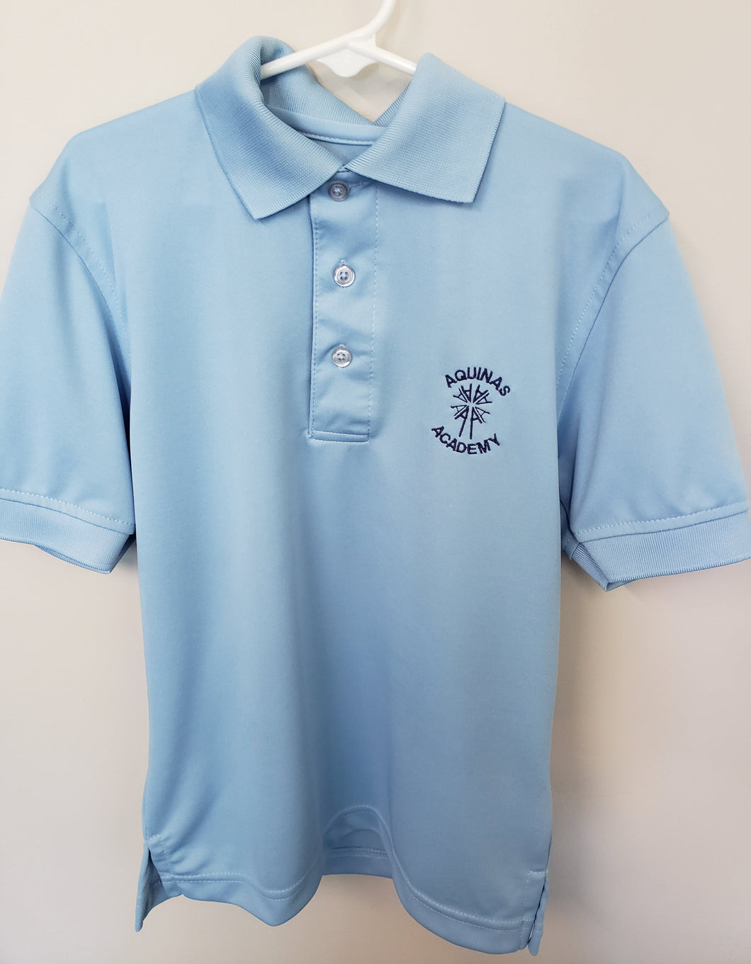 AA006 Aquinas Academy - Short Sleeve Unisex Polyester Wicking Polo - Carolina Blue - Adult Sizes
