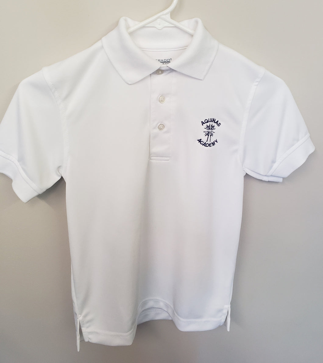 AA007 Aquinas Academy - Short Sleeve Unisex Polyester Wicking Polo - White - Youth Sizes