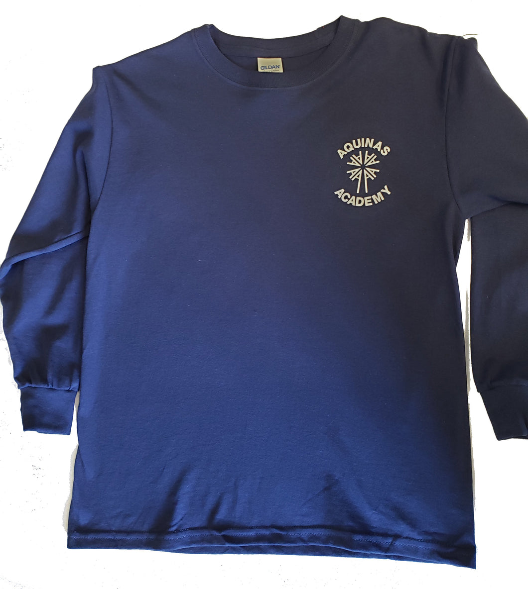 AA050 Aquinas Academy - Long Sleeve Cotton Gym Shirt -Navy - Adult Sizes