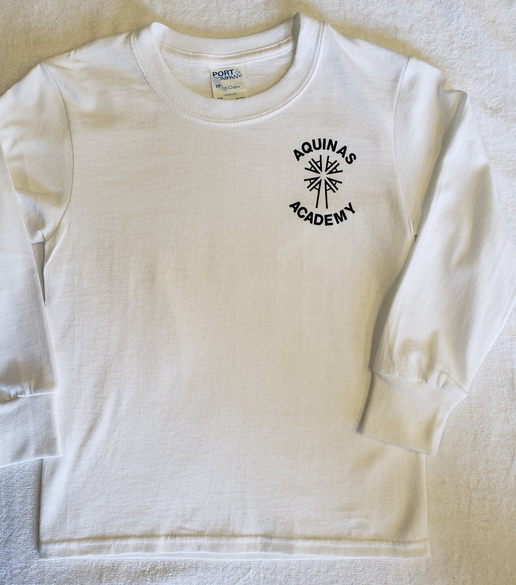 AA052 Aquinas Academy - Long Sleeve Cotton Gym Shirt -White - Adult Sizes