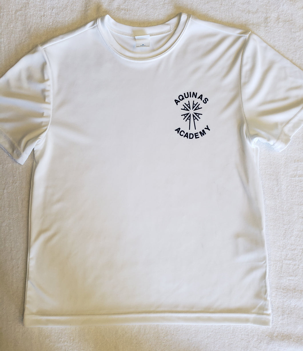 AA039 Aquinas Academy - Short Sleeve Polyester Wicking Gym Shirt - White- Youth Sizes