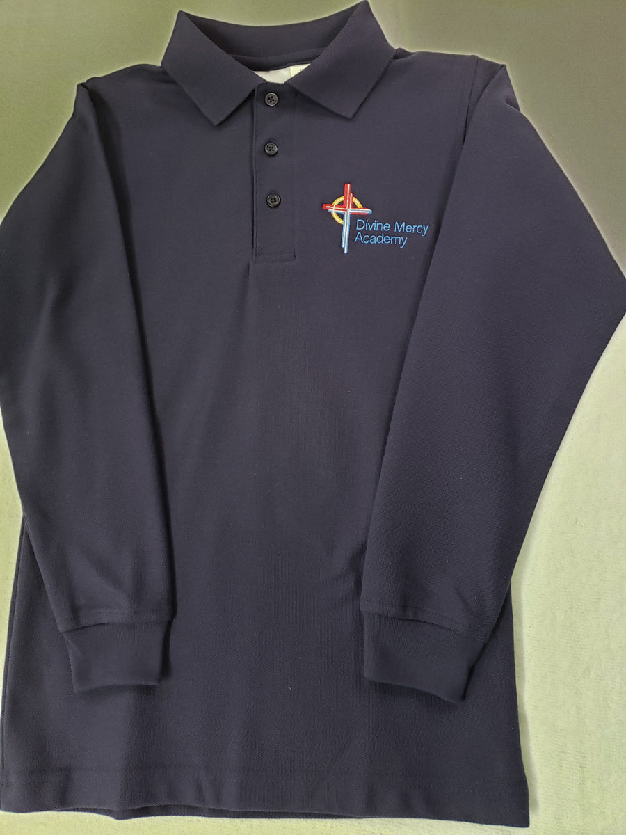 DMA014 - Divine Mercy Academy -Long Sleeve Unisex Pique Knit Polo - Navy - Adult Sizes