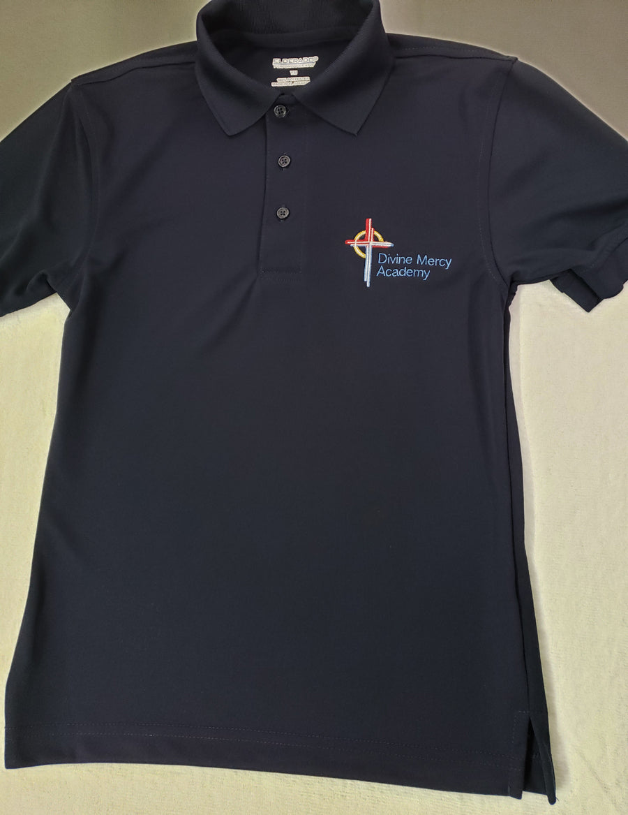 DMA006 - Divine Mercy Academy - Short Sleeve Unisex Polyester Wicking Polo - Navy - Adult Sizes