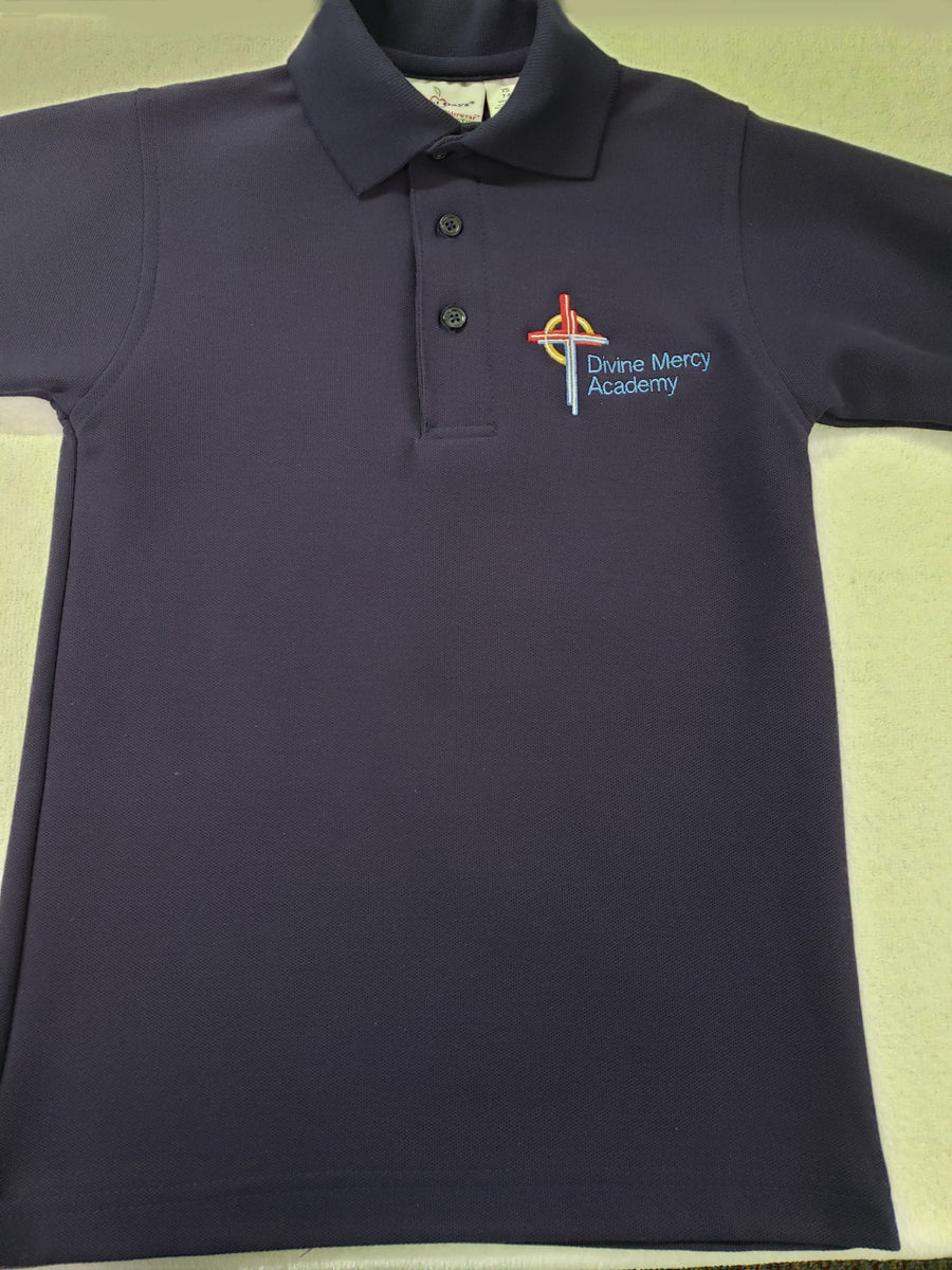 DMA002 - Divine Mercy Academy - Short Sleeve Unisex Pique Knit Polo - Navy - Adult Sizes