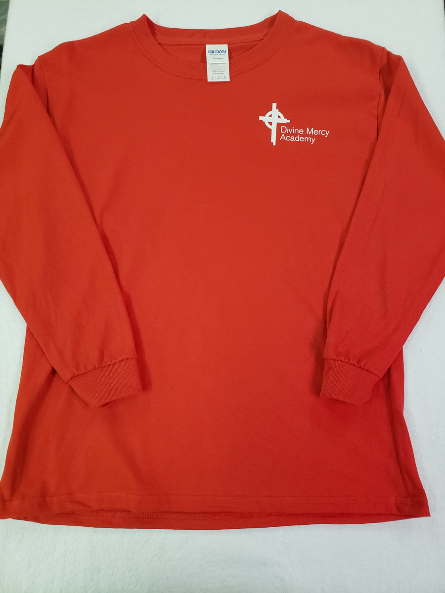 DMA053 - Divine Mercy Academy - Long Sleeve Cotton Gym Shirt -RED - Youth Sizes
