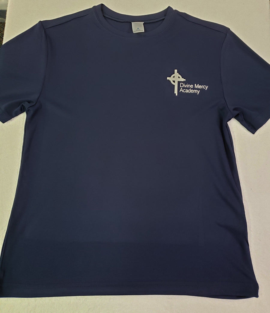 DMA040 - Divine Mercy Academy - Short Sleeve Polyester Wicking Gym Shirt - Navy - Adult Sizes