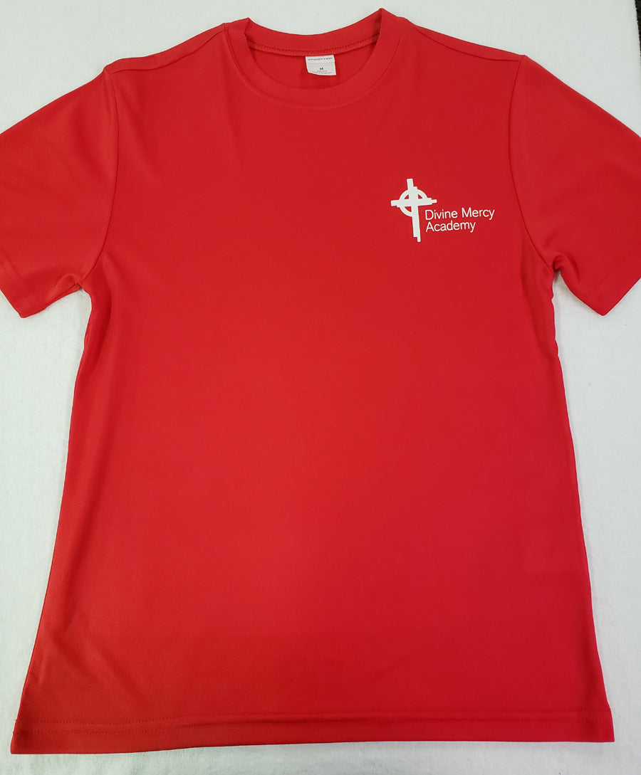 DMA041 - Divine Mercy Academy - Short Sleeve Polyester Wicking Gym Shirt - Red- Youth Sizes