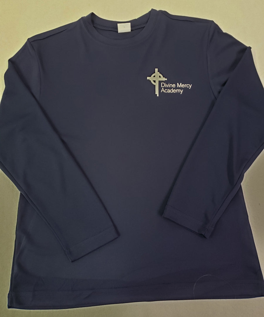 DMA044 - Divine Mercy Academy - Long Sleeve Polyester Wicking Gym Shirt -Navy - Adult Sizes