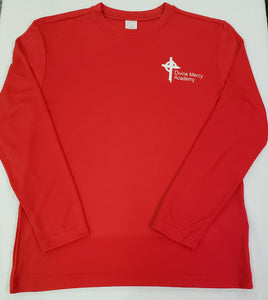 DMA045 - Divine Mercy Academy - Long Sleeve Polyester Wicking Gym Shirt -Red - Youth Sizes