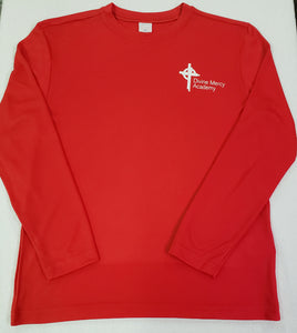 DMA046 - Divine Mercy Academy - Long Sleeve Polyester Wicking Gym Shirt -Red - Adult Sizes