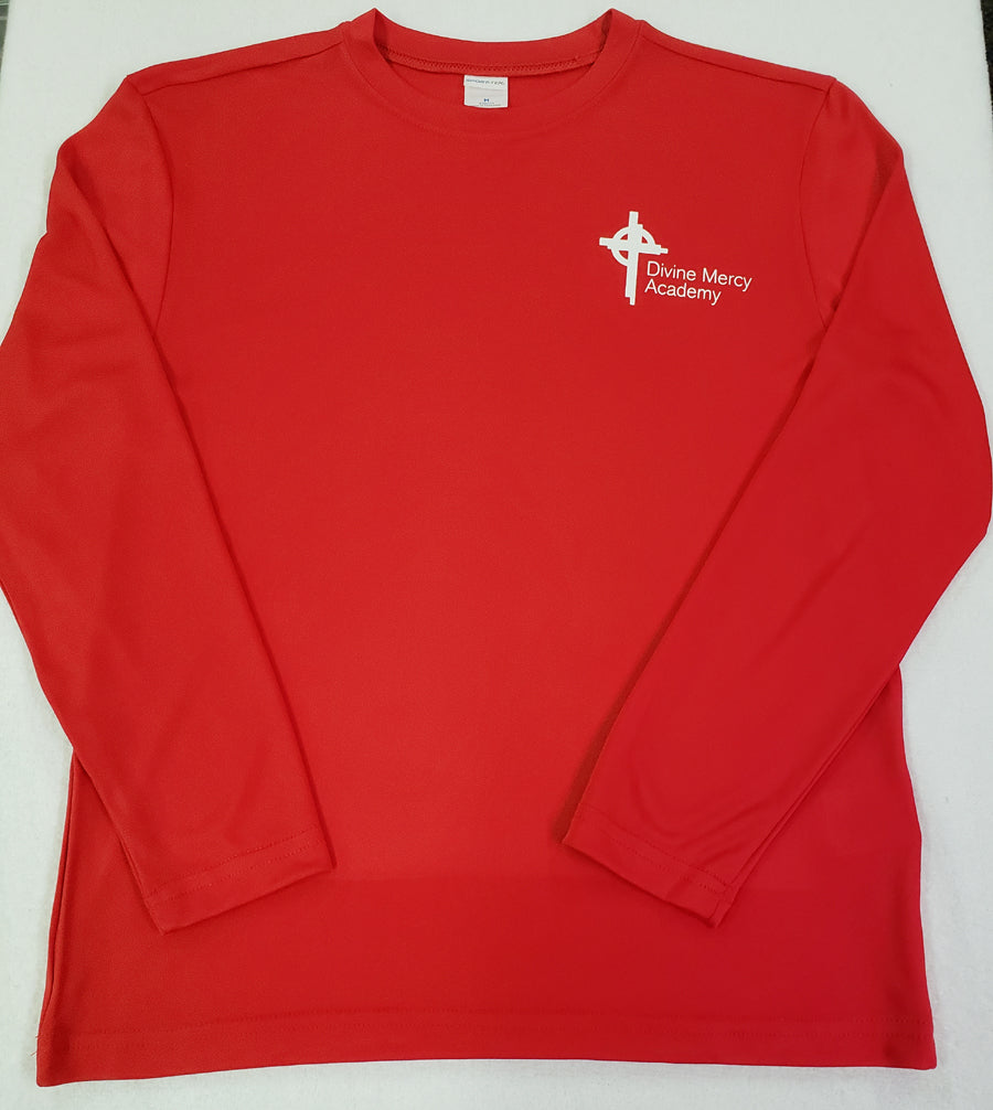 DMA045 - Divine Mercy Academy - Long Sleeve Polyester Wicking Gym Shirt -Red - Youth Sizes